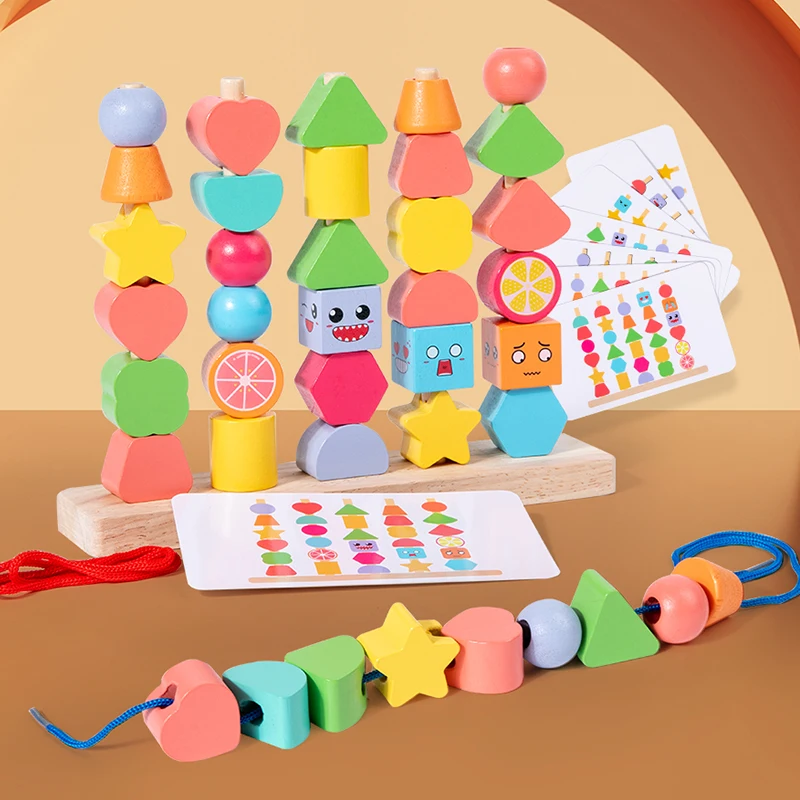 

Toddler Wooden Montessori Toys Beads Sequencing Stacking Block Matching Shape Lacing Beads Threading Fine Motor Skills Toys Kids