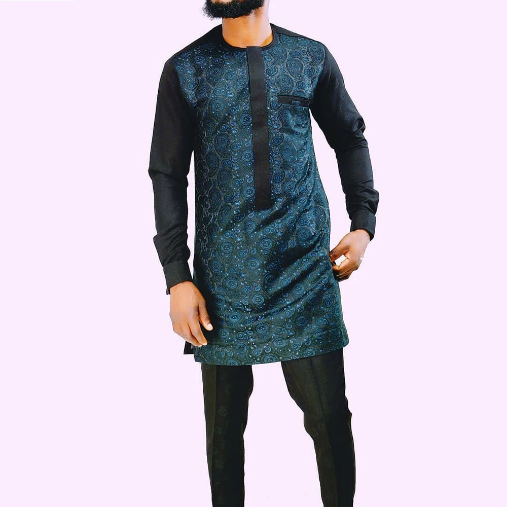 2023 New Men's Set 2 Pieces Summer Long Sleeve Printed Paneled Shirt and Pants Set Festival Party Wedding Africa Full Men's Suit
