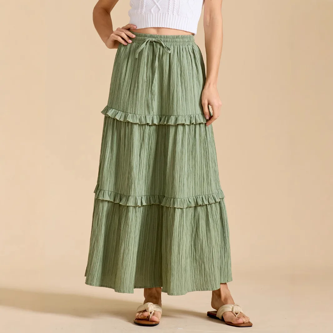 Women Elastic Waist Lace Up A Line Summer Skirt