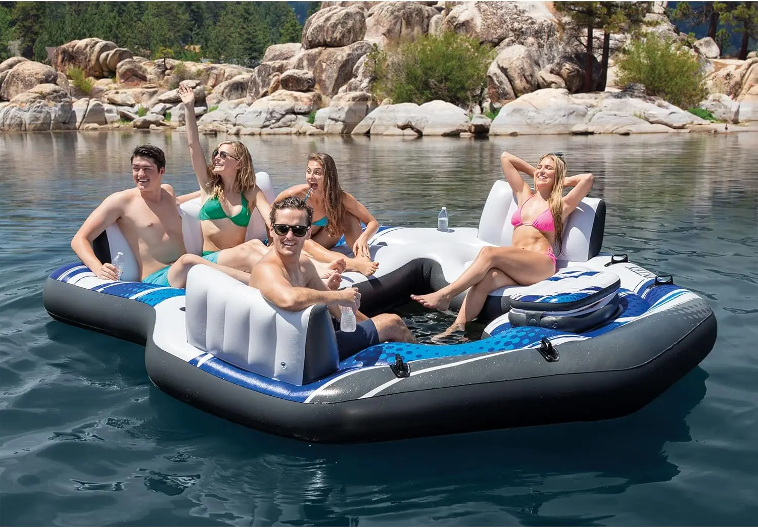 Blue Tropic Inflatable 5 Person Raft or Swimming Pool Island Water Floating Lounger Raft with Backrests, Built in Cooler, and 4