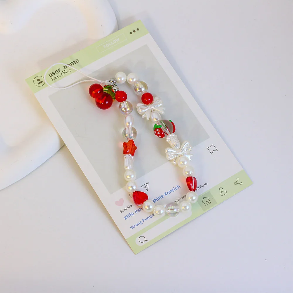 Trendy Red Cherry Bowknot Pearl Phone Charm Bracelet Keychain Strap