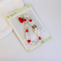 Trendy Red Cherry Bowknot Pearl Phone Charm Bracelet Keychain Strap (2)