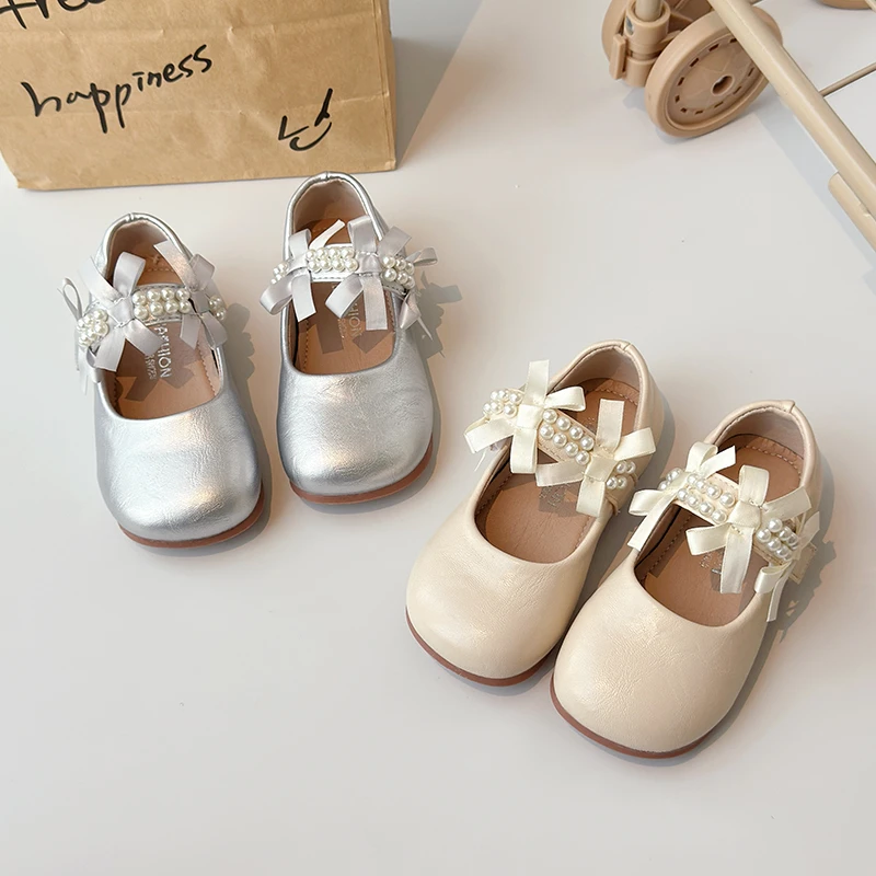 Leather Kids Flats with Lace for Wedding Party