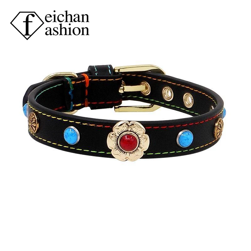 

Gold flower buckle Archer genuine leather pet collar Poodle Schnauzer neck collar traction free