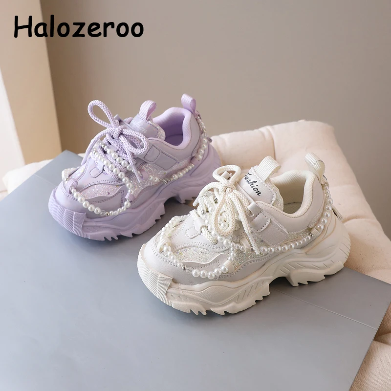 

Autumn Kids Sport Sneakers Baby Girls Pearl Bling Shoes Children Brand Chunky Sneakers Boys Purple Casual Sneakers Mesh Trainers