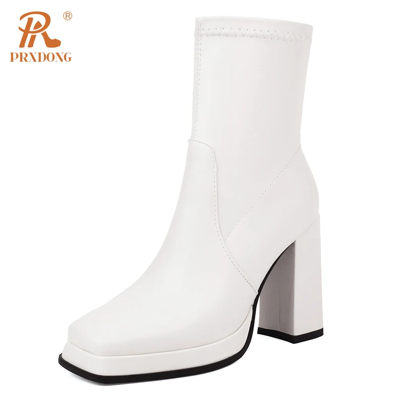 

PRXDONG New Classics Qulaity Leather Chunky High Heels Platform Black White Zipper Dress Office Lady Ankle Boots Big Size 34-43