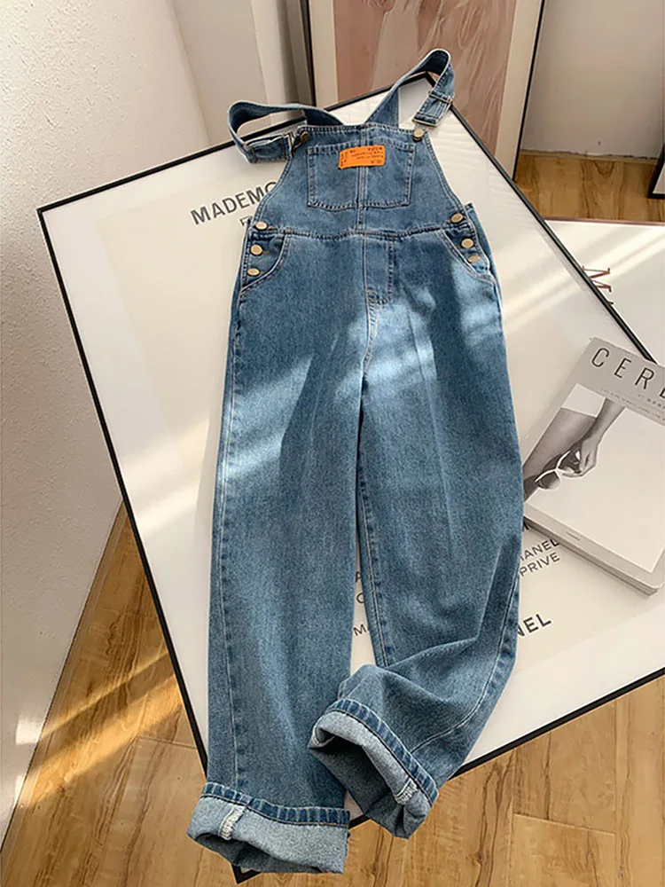 Retro Women Blue Jeans Suspender Trousers Spring Autumn Casual Loose High Waist Denim Pants Female Fashion Jumpsuit Streetwear