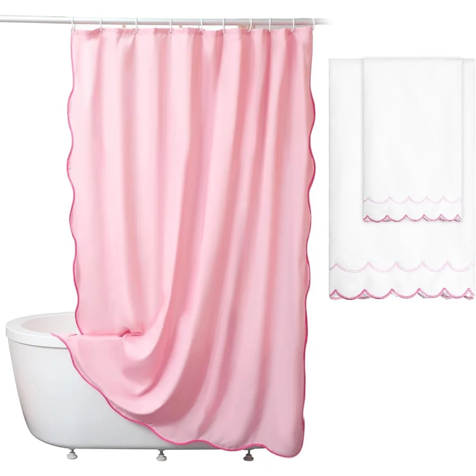 Pink Scalloped Shower Curtain and Towel Set