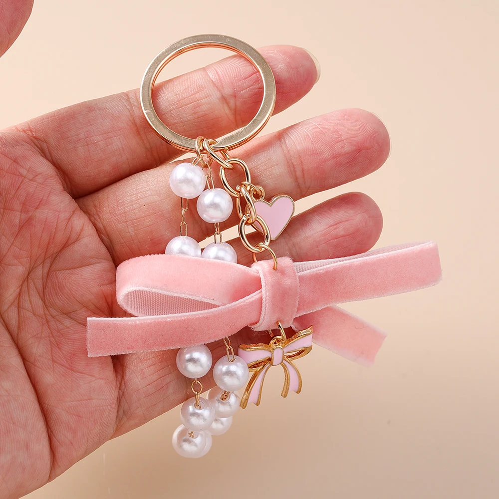 Aihua Niedlicher Perlen-Rosa Schleifenband-Schlüsselanhänger für Frauen Mädchen Autoschlüsselhalter Schlüsselring Handtaschenanhänger DIY Schmuck Geschenke