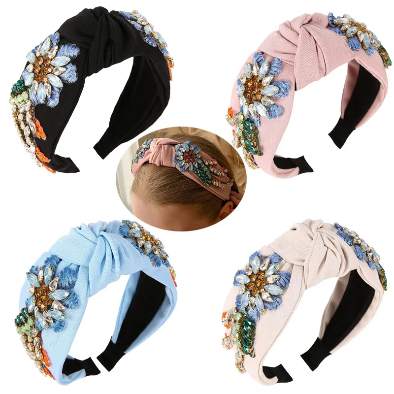 Luxury Baroque  Rhinestone Headbands Boutique Hair Accessories Women's Color Rhinestone Wide Side Hairband Fashion Hair Hoop