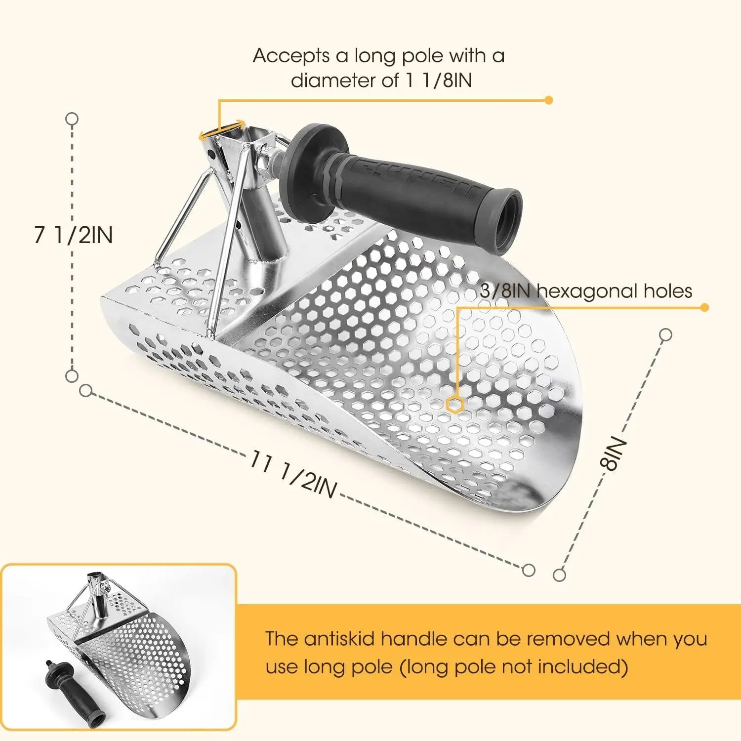 Stainless Steel Sand Scoop for Metal Detecting, Hexahedron 7Mm Holes for Beach Treasure Hunting Hand Held Shovel 5