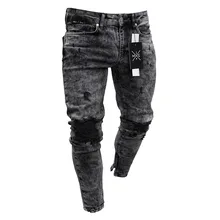 

Festival Is Not Closing Europe and America Cross Border Slim Fit Ripped Fashion Black Leg Opening Zipper Skinny Jeans Men's Tro