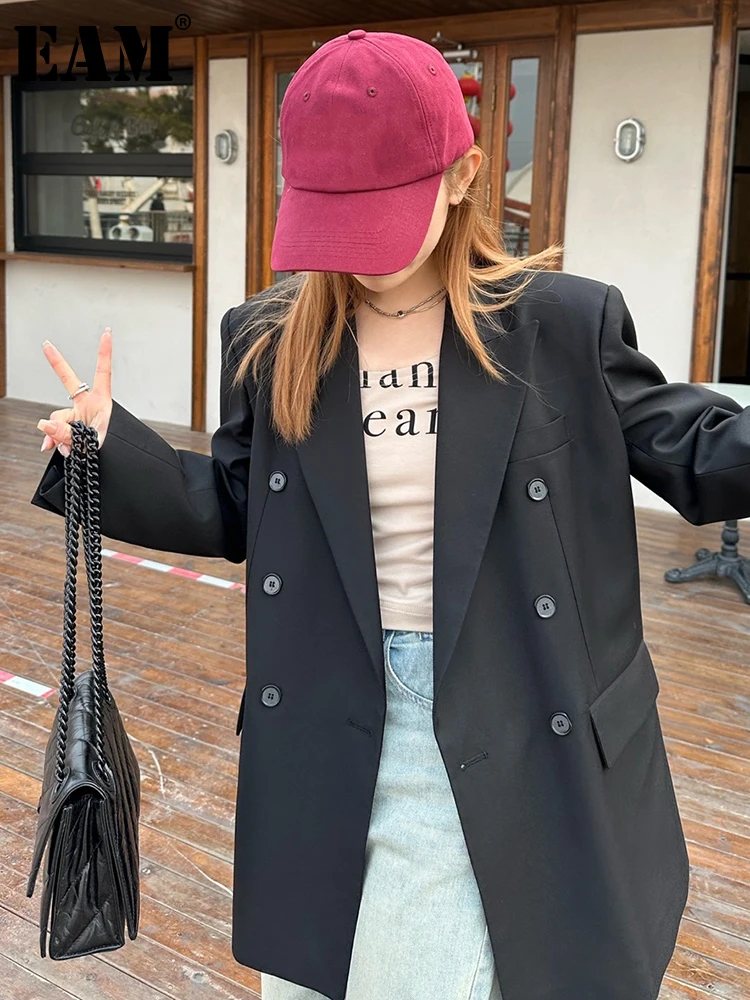 

[EAM] Women Black Double Breasted Casual Big Size Blazer New Lapel Long Sleeve Jacket Fashion Tide Spring Autumn 2023 1DF6189