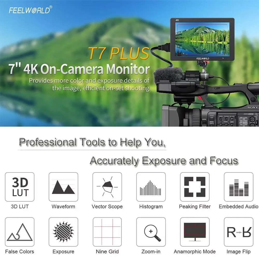 FEELWORLD T7 PLUS LUTIPS 1920x1200 On-camera Field Monitor Aluminum Housing 4KHDMI-compatible Input/ Output For Video Shooting