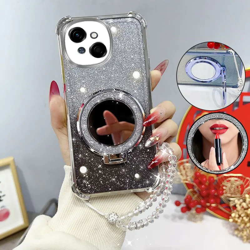Glitter Shockproof Phone Case with Mirror Stand and Beaded Strap