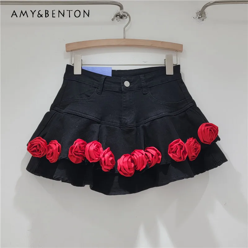 Denim Skirt For Women 2024 Summer New Hot Girl High Waist Slimming A-Line Ruffled Rose Decorative Mini Short Skirts Y2k Clothes