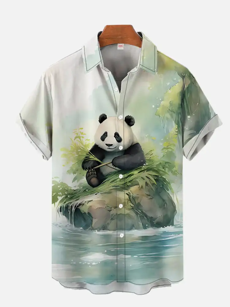 

Summer new mysterious oriental cute panda eating bamboo and stone pattern 3D printed short-sleeved shirt four-sided stretch 5XL