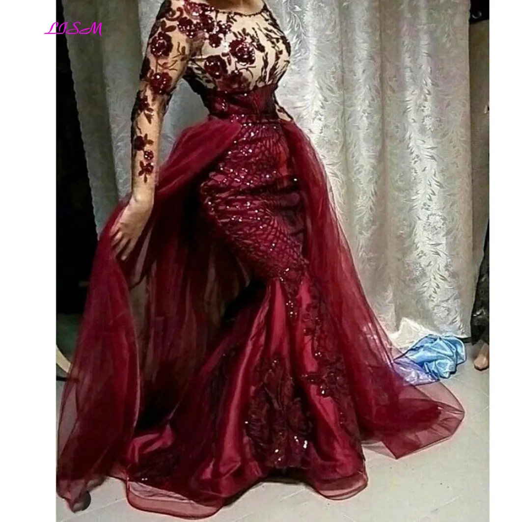 Burgundy Sequined Floral Lace Mermaid Evening Dress With Detachable Train Modest Full Sleeves Prom Gowns Muslim Formal Dresses