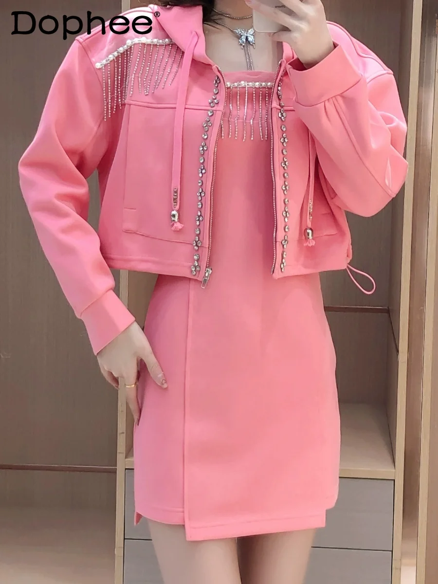 Sweet Girlish Pink Sweatshirt Suit 2024 Spring New Heavy Industry Beads Tassel Coat Sling Dress Two-Piece Set for Women kijaro coast beach sling chair hanami pink