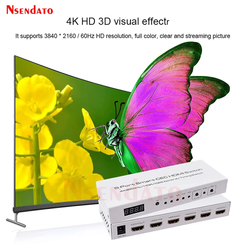 5 Port Smart CEC HDMI Switch 4K 60Hz 18 Gbps 5x1 HDR HDMI Adapter Switcher With IR Romote for Dolby DTS HD LPCM HDTV PS4