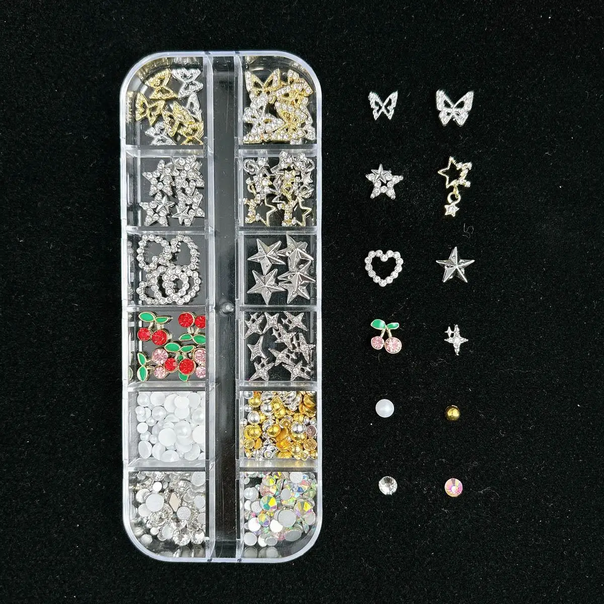 1Box Multi-Style Colorful Resin Bear Bow Flower Nail Charms Alloy Butterfly Cherry Simulated Pearl Nail Art Accessories for DIY 6