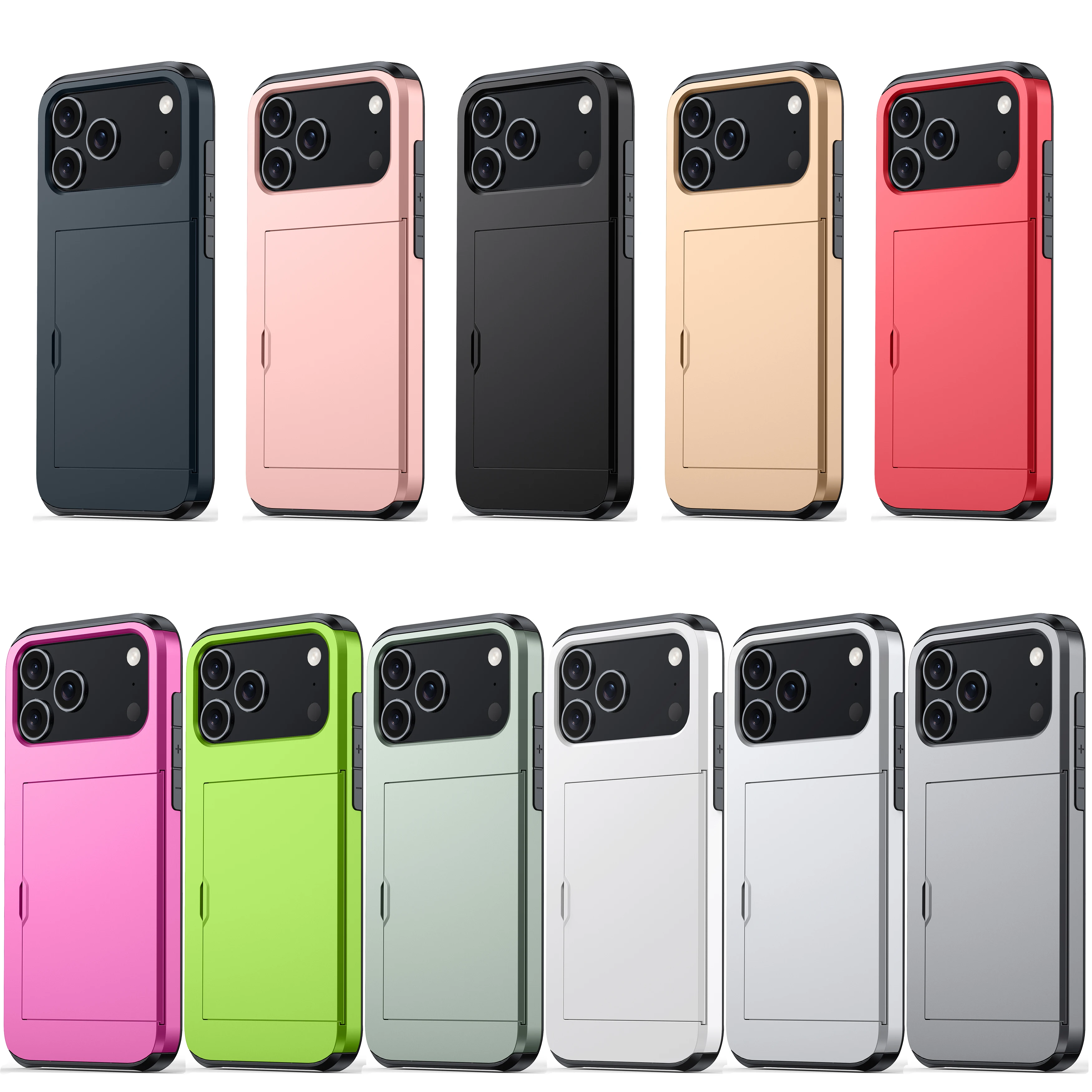 Solid Color Card Holder Slide Slot Hard PC Heavy Duty Protective phone case For iPhone 17 Pro Max 16 Plus 15 14 13 12 11 Cover 6