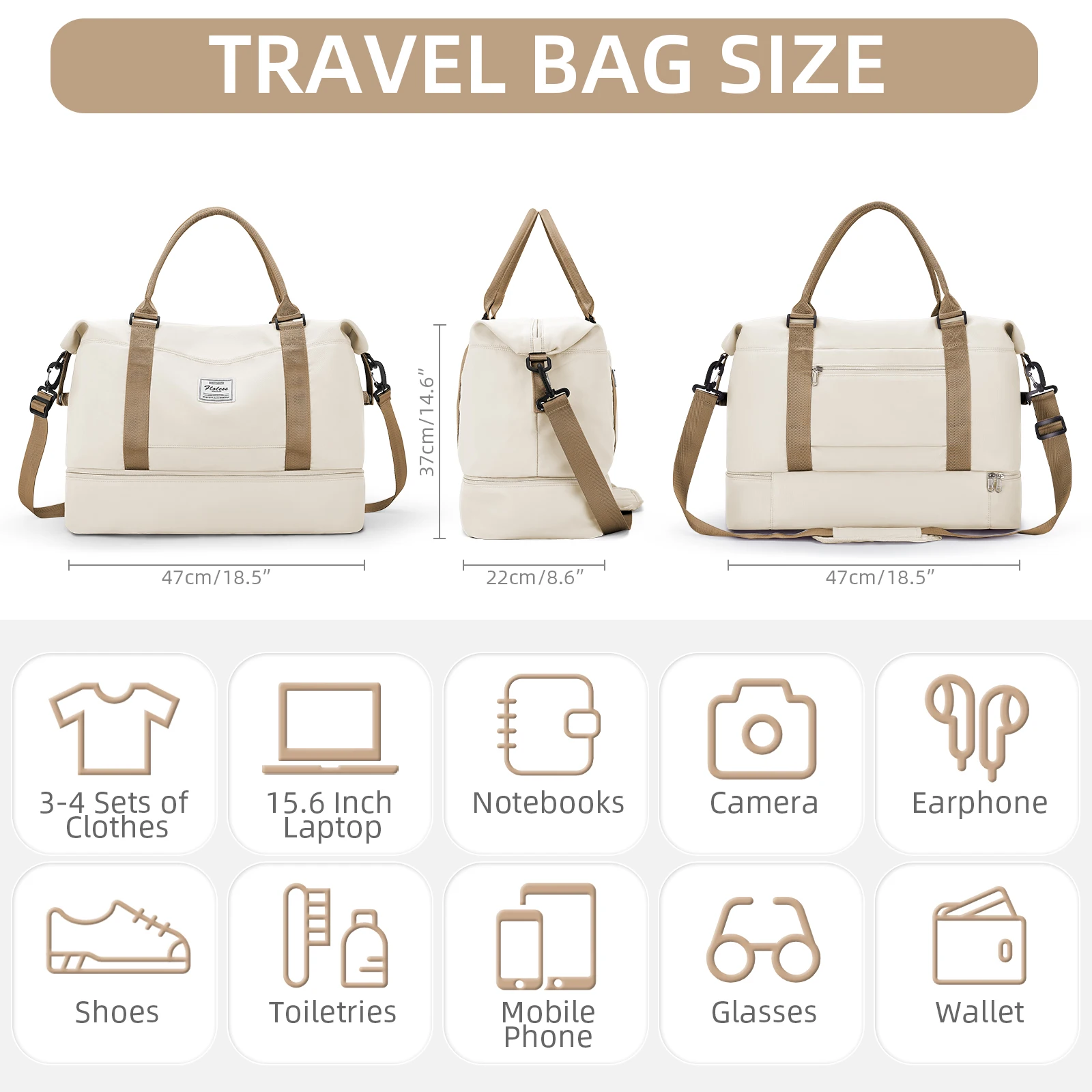 Women's Large Capacity Bag, Airplane Travebags Weekend Bag,Sports and Gym Travel Backpack,Expandable Waterproof Travel Bag Khaki