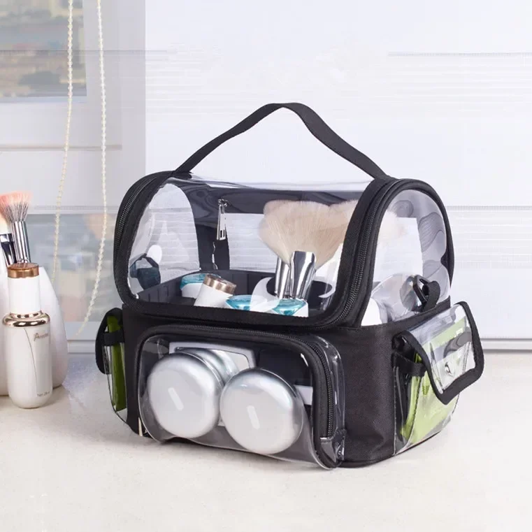 

Waterproof PVC Makeup Artist Storage Bag Black Removable Transparent Partition Cosmetic Case Fashion Unisex Single Shoulder Sack