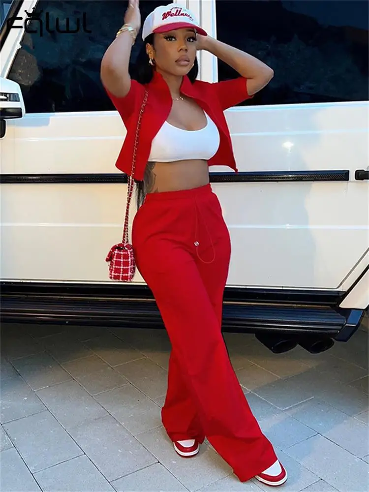 

Habbris Red Short Sleeve Zipper Fly 2 Two Piece Pants Set Casual For Women 2023 Summer Green Drawstring Bodycon Top Pants Set