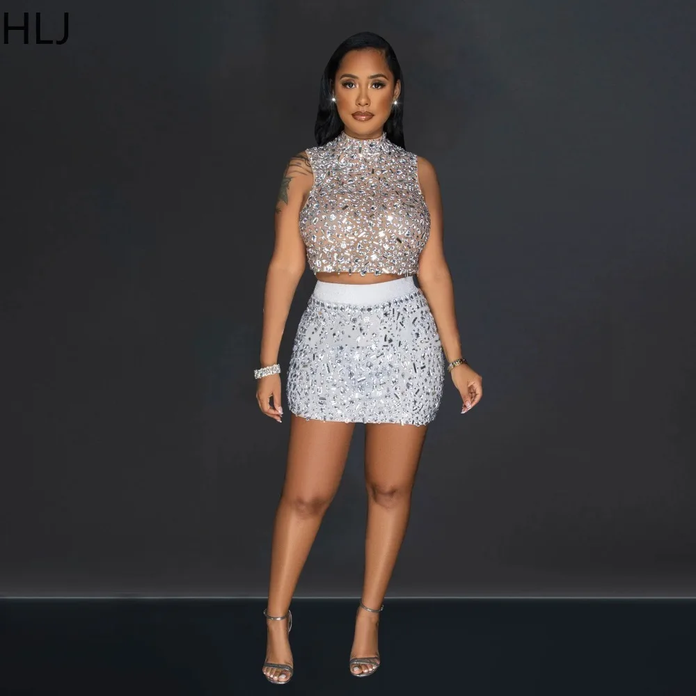HLJ Fashion Luxury Rhinestones Backless Hollow Two Piece Sets Women Round Neck Sleeveless Crop Top And Skirts Party Club Outfits