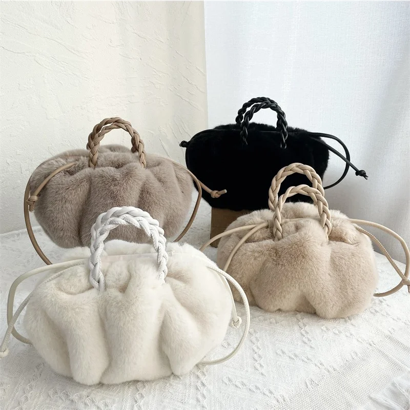 

2023 New Winter Solid Color Underarm Bag Soft Plush Small Shoulder Bag Women's Warm Fluffy Imitation Mink Fur Handbag
