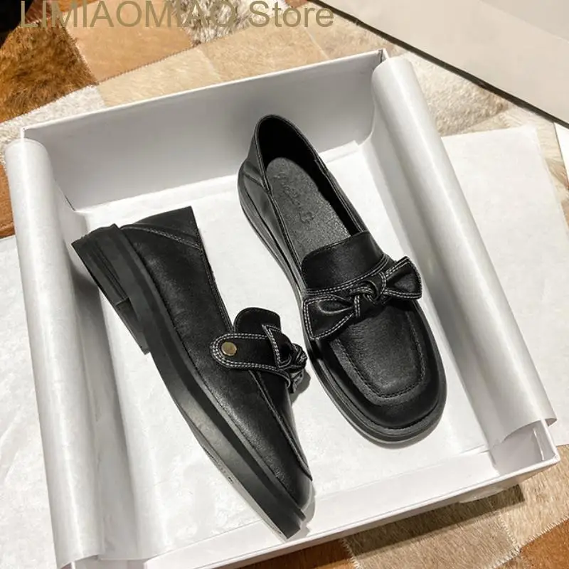 New Fiber Leather Flat Shoes Women's British Style Black Soft Work Low Heel Square Head Simple Office Lady Shoes
