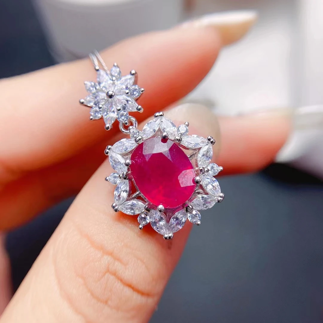 

MeiBaPJ Natural Ruby Fashion Flower Pendant Necklace Genuine 925 Silver Red Stone Fine Wedding Jewelry for Women