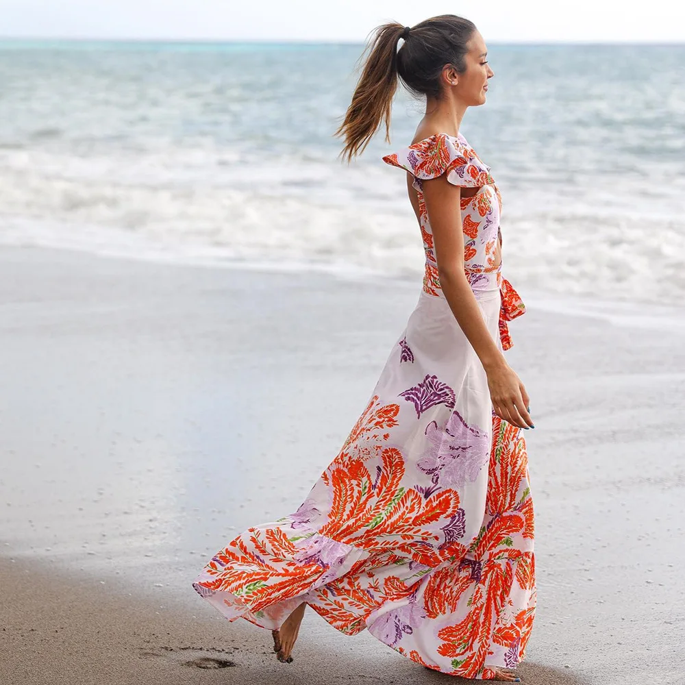 2023 New Printed Ruffled One-piece Swimsuit Chiffon Beach Skirt Two-piece Set Swimwear with Straps High Waist Backless Beachwear