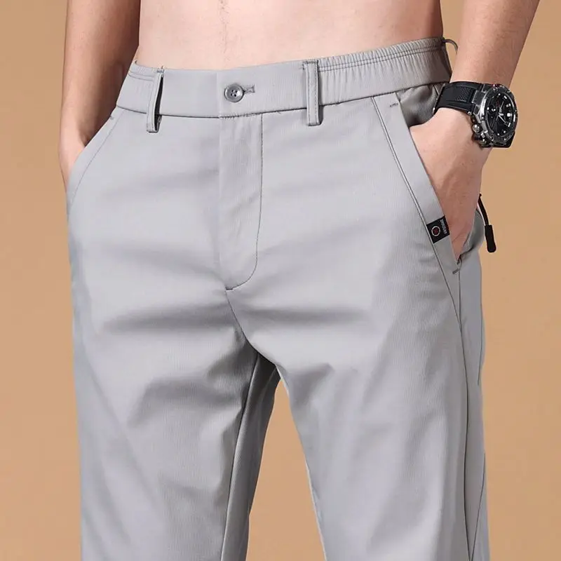 Summer Men Thin Business Casual Slim Straight Pants Streetwear Fashion Elastic Waist Breathable Big Size Zipper Pockets Trousers