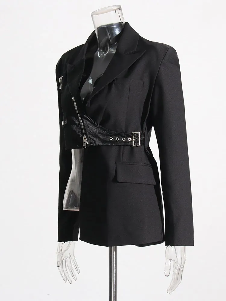 KBQ Spliced Zipper Asymmetrical Black Blazer For Women Notched Collar Long Sleeve Patchwork Pocket Temperament Blazers Female