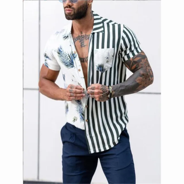 Men's Shirts Summer Fashion Trend Striped Floral Contrast Splicing Printed Hawaiian Beach Holiday Casual Short Sleeve Shirts Photo Color
