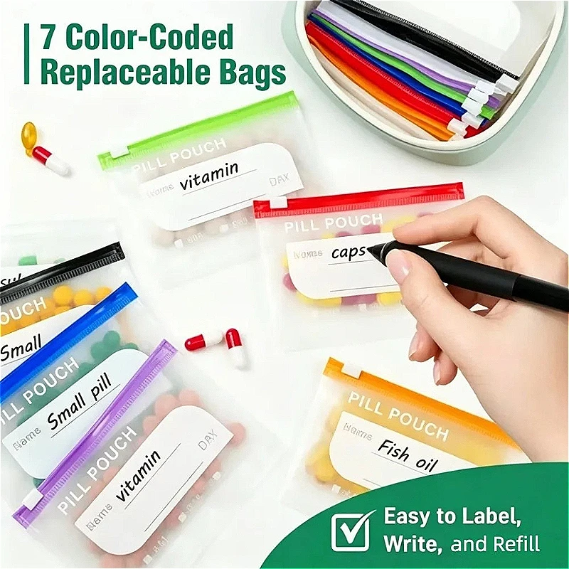 Color-Coded Waterproof Weekly Pill Organizer - Portable Medicine and Vitamin Storage Pouches Set