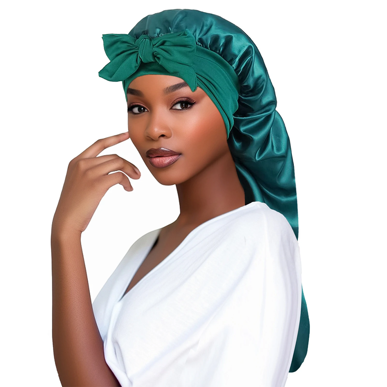 Women Bonnet Satin Sleeping Hat Long Tail Braid Hair Night Sleep