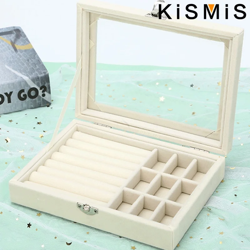 Boîte de rangement pour bagues en velours, porte-bijoux à couvercle transparent, plateau de rangement anti-poussière pour bagues et boucles d'oreilles pour plusieurs pièces de bijoux