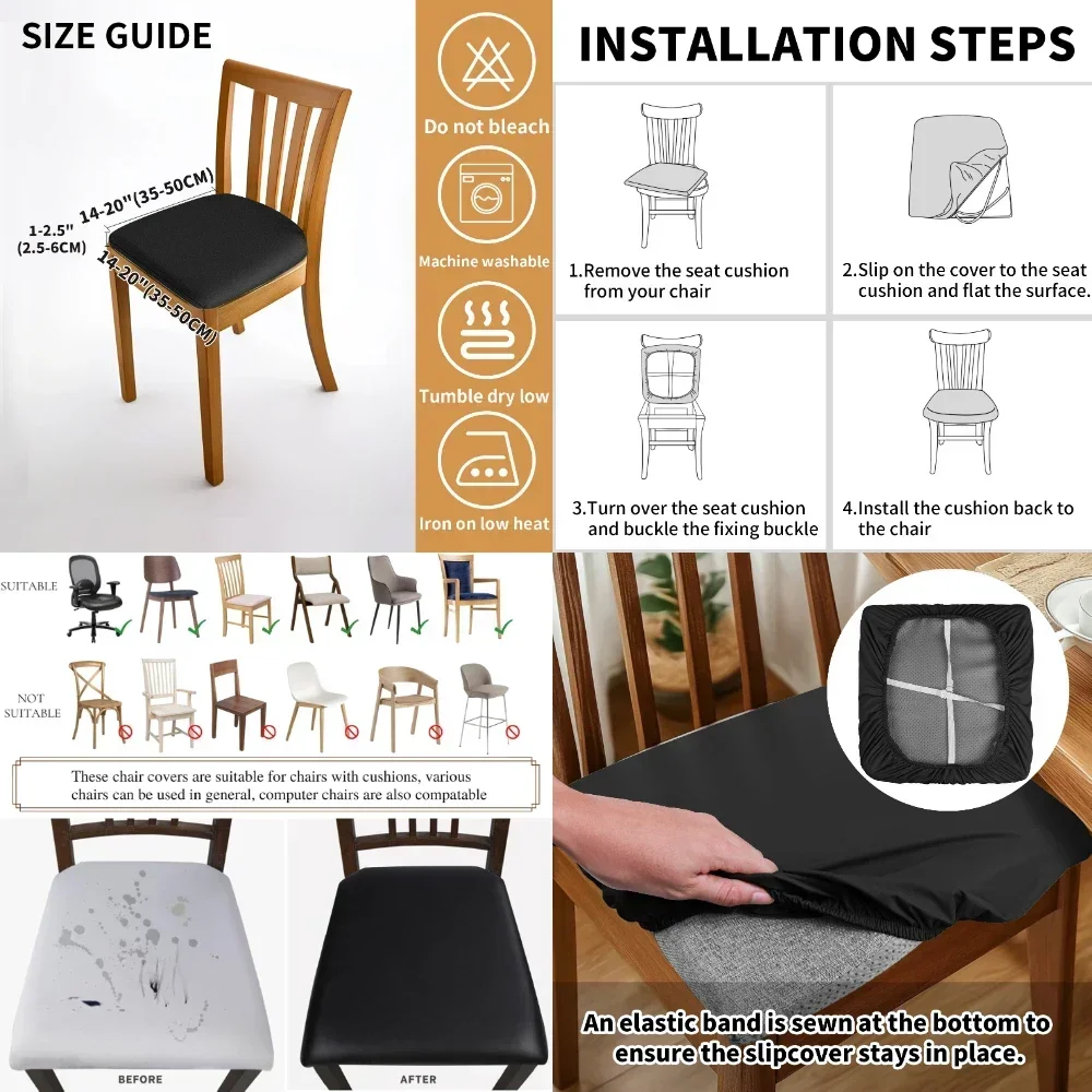Set of 4 Chair Seat Covers PU Leather Waterproof Cushion Cover For Dining Room Slipcover Kitchen Oilproof Chair Protctor 3
