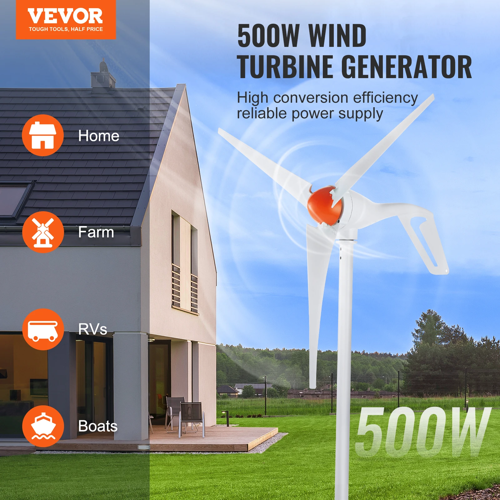 VEVOR 500W Wind Turbine Generator 24V Wind Turbine Kit 3-Blade Power Generator MPPT Controller 2.5m/s Start Speed