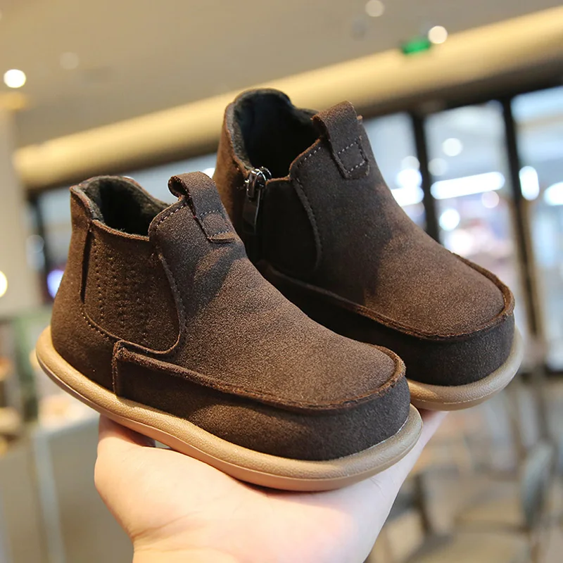 

Microfiber Leather Chelsea Boots For Baby Boys Winter Warm Plush Lined Zip Ankle Booties Kids Round Toe Anti-Slip British Botas