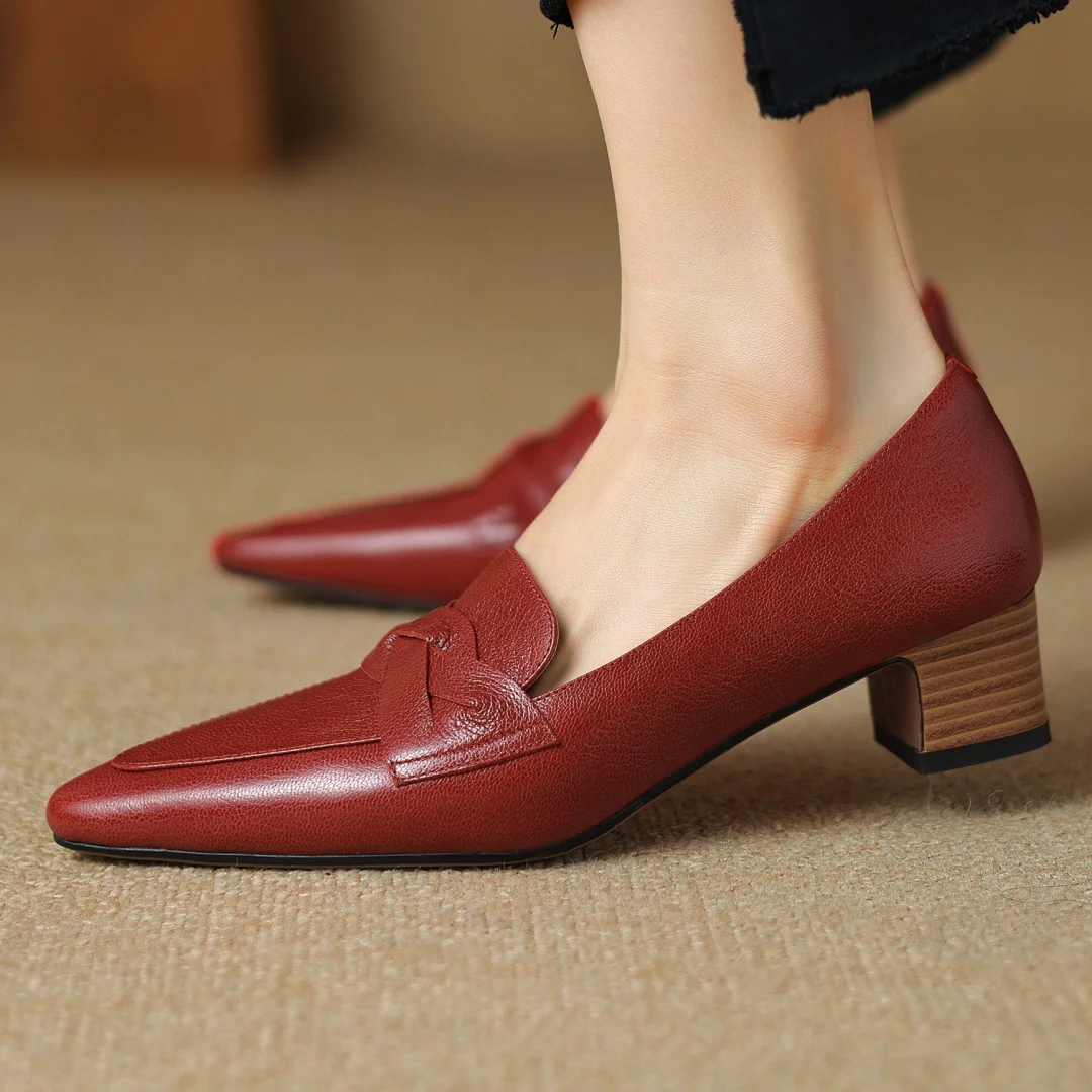 

Plus size 34-42 women's sheepskin soft pumps pointed toe 4cm thick low heel elegant ladies daily dress pumps heeled shoes woman