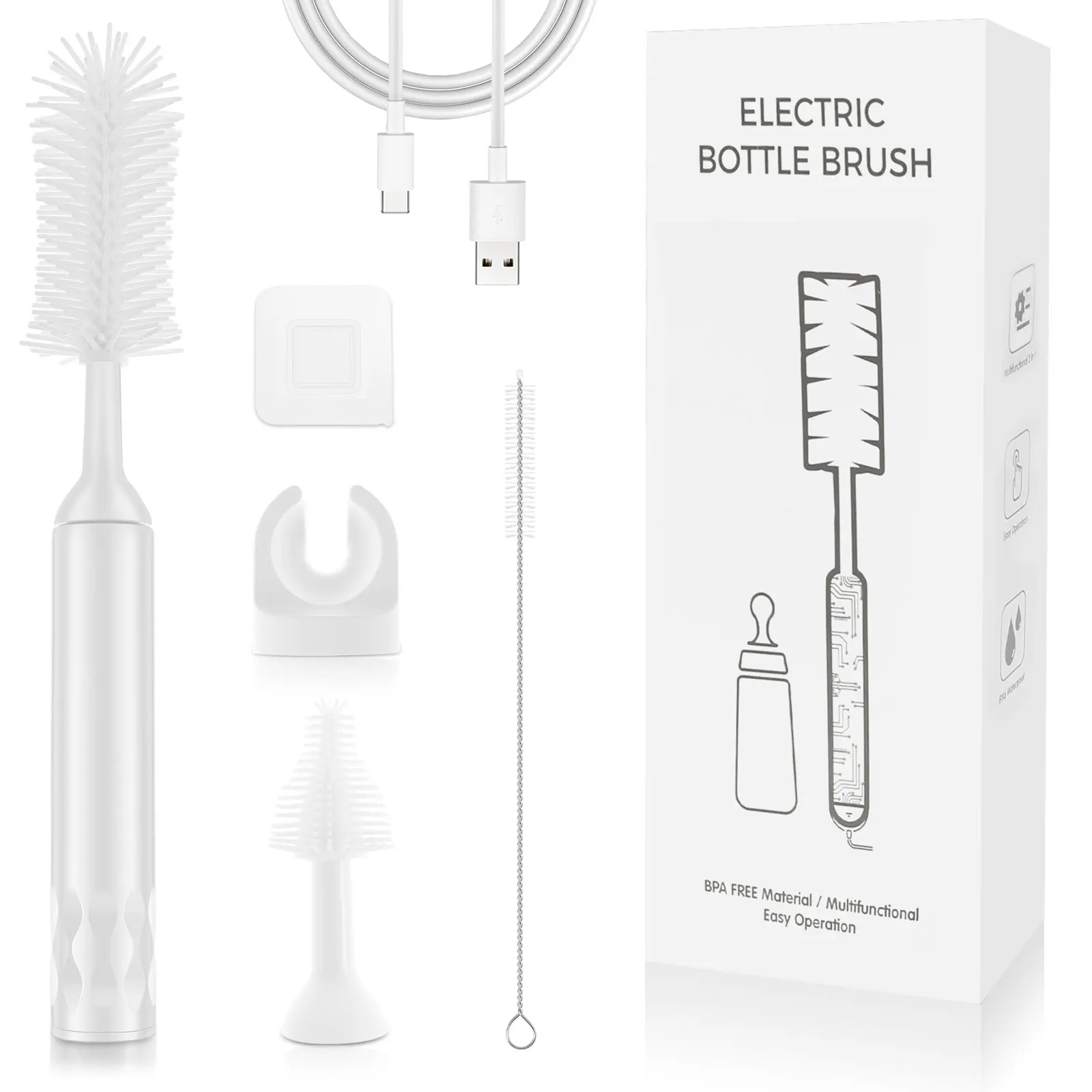 

Electric Bottle Brush Set Efficient Cleaning Electric Baby Bottle Brushes with 2 Soft Silicone Brush Head 1200mAh USB