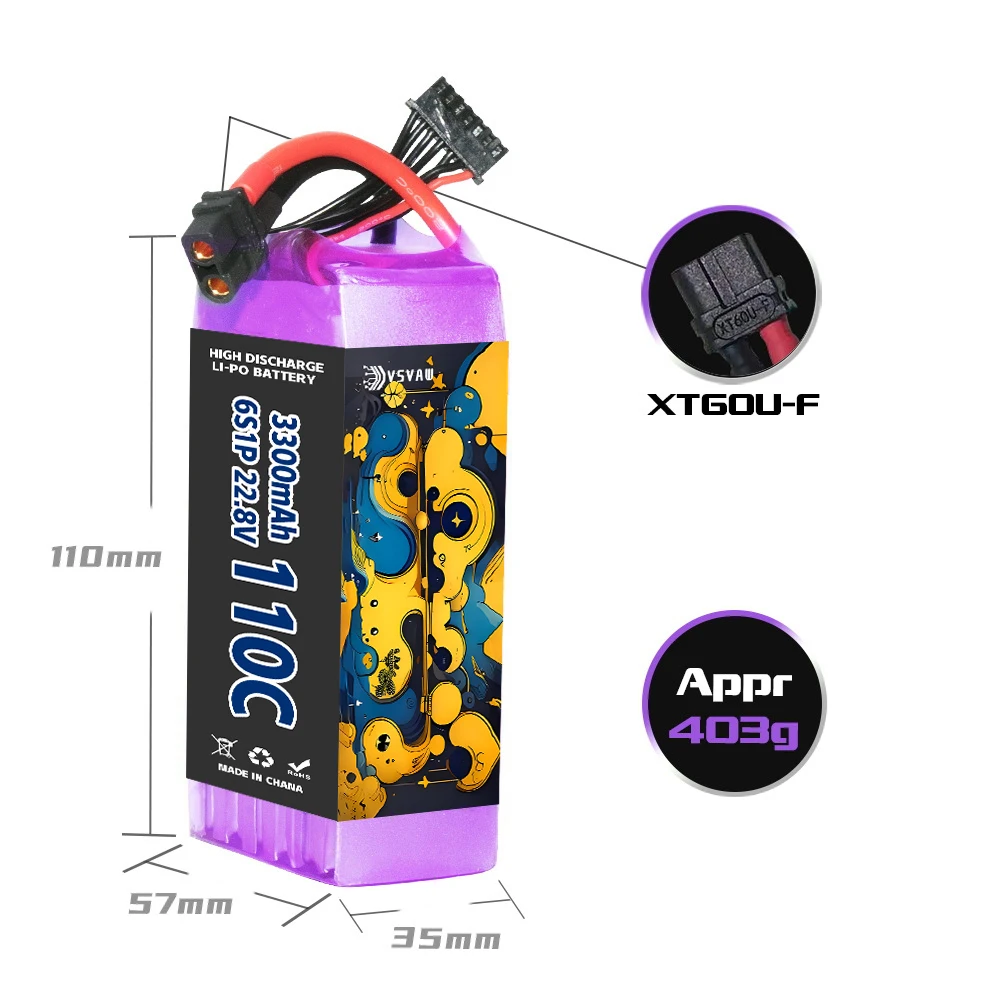 VSVAW 6S 22.8V 3300mAh 110C/220C Lipo Battery HV Mini Four Axis FPV Model Drone High Voltage High Rate Lithium ion Battery 4