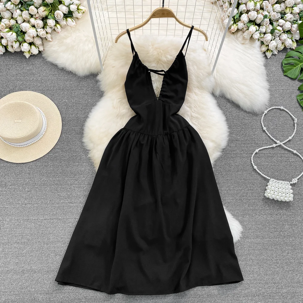 

Foamlina Summer Women Black Holiday Long Dress Sexy Spaghetti Strap V Neck Sleeveless Open Back Lace Up A Line Beach Maxi Dress