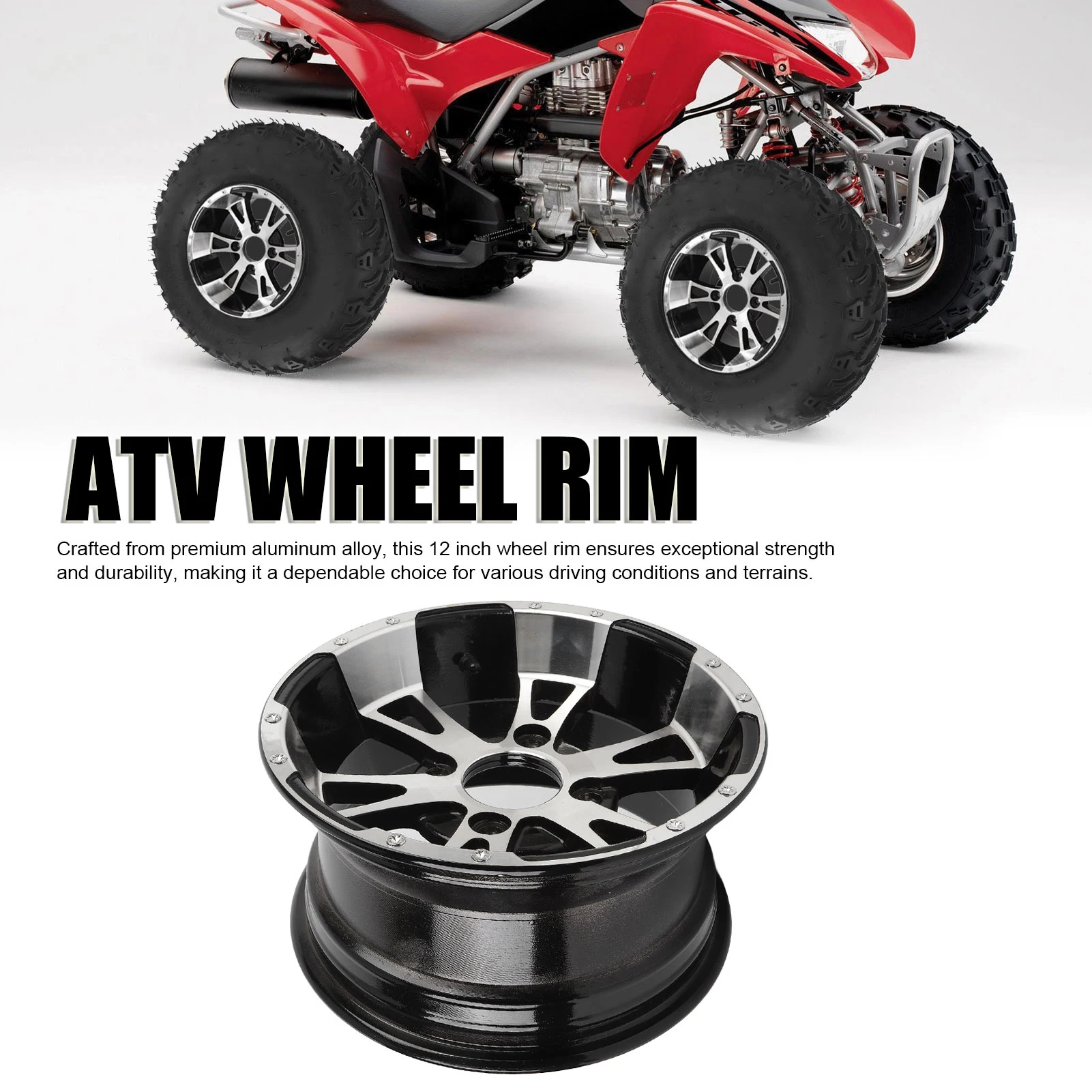 12 Inch ATV Wheel Rim Strong Load Capacity 25X8-12 Wheel Rim High Strength Aluminum Alloy Rustproof Long Lasting for  Cart