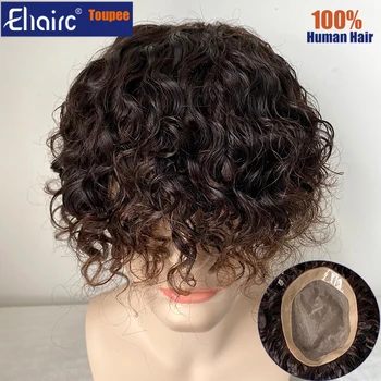 Parrucchino riccio di colore marrone per uomo Unità sistema di capelli mono per uomo Protesi per capelli maschili durevoli Parrucca da uomo per capelli umani al 100%
