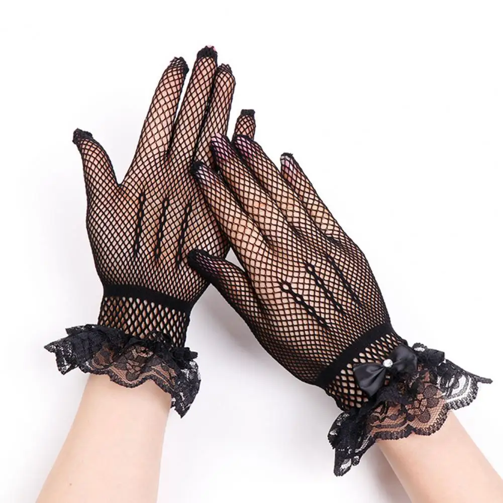 Lace Bow Decoration Gloves Elegant Lace Bow Wedding Gloves with Faux Pearl Decor Ruffle Edge Women's Prom for Bride for Special